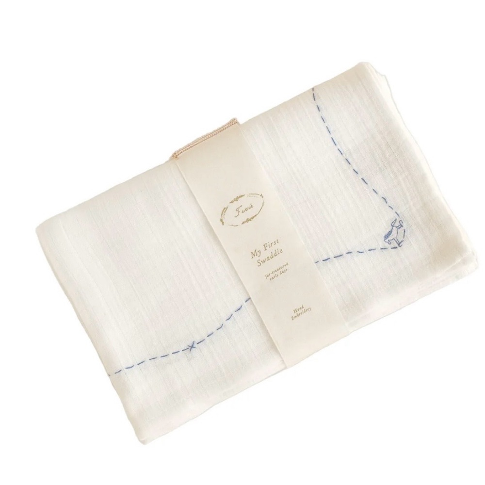 Ferne White rocking horse Muslin Baby Swaddle Blanket with Blue Stitching